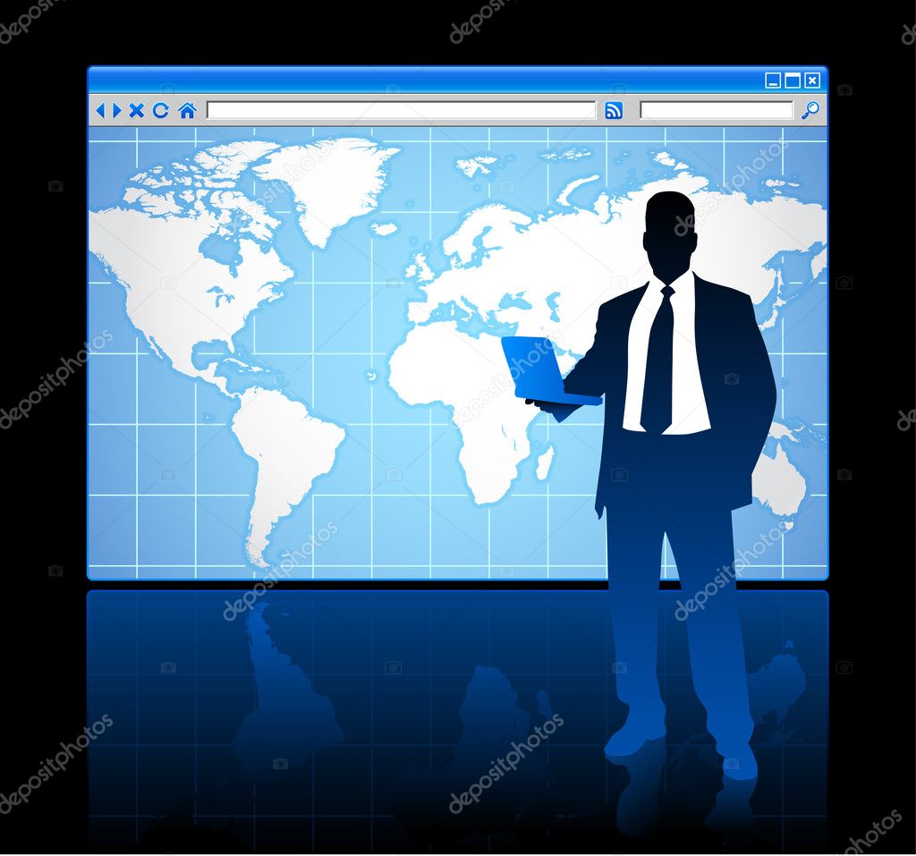 Business man on web browser internet concept with world map