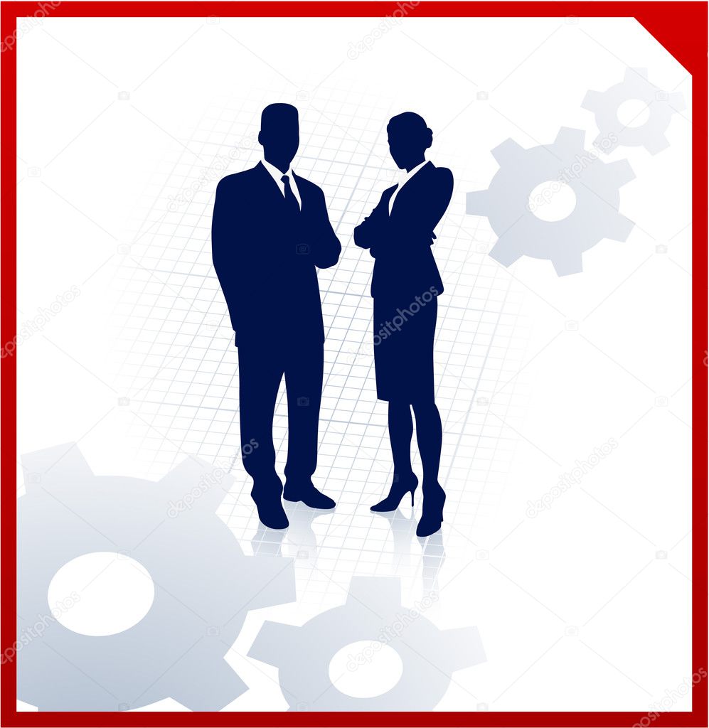 business team silhouettes on corporate background with gears