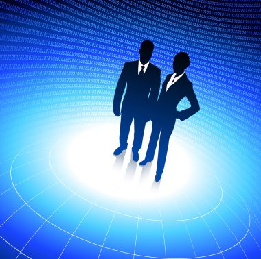 business team silhouettes on corporate background with binary co clipart