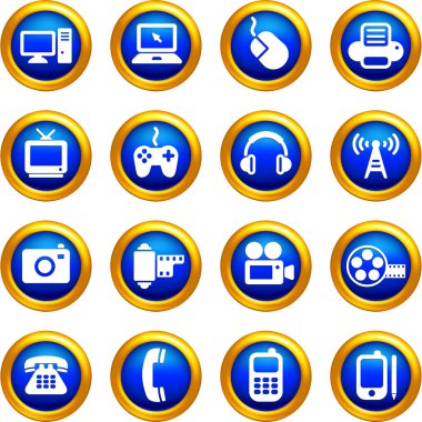 technology and communication icons on buttons with golden borde clipart