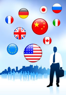 Businessman Traveler with Skyline and Internet Flag Buttons clipart