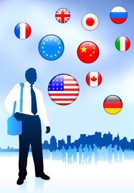 Businessman Traveler with Skyline and Internet Flag Buttons clipart