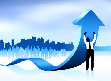 Businessman holding up arrow with new york city skyline backgrou clipart