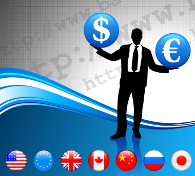 Businessman on Economic background with internet flag buttons clipart