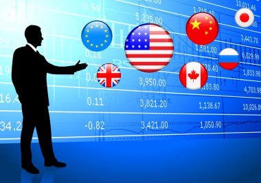 Businessman on Economic background with internet flag buttons clipart