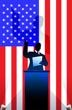 Bandera de Estados Unidos con el altavoz político detrás de un podio