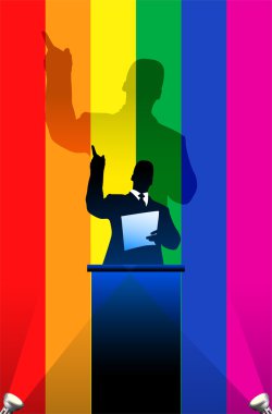 Gay Pride flag with political speaker behind a podium clipart