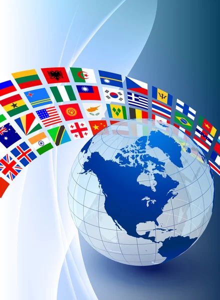 Globe avec bannière drapeau sur fond de couleur abstrait — Image vectorielle