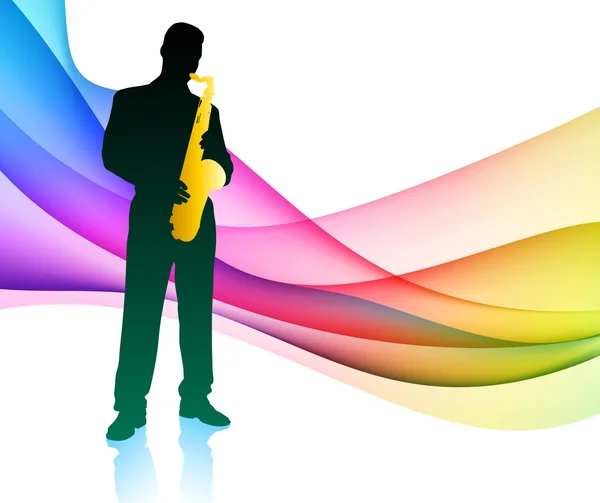 Saxofonist auf farbenfrohem abstrakten Hintergrund — Stockvektor