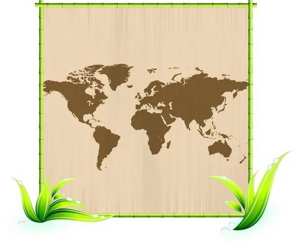 World map on scratched paper in green bamboo picture frame — Stock Vector