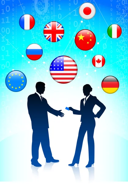 Couple d'affaires sur fond de boutons drapeau internet — Image vectorielle