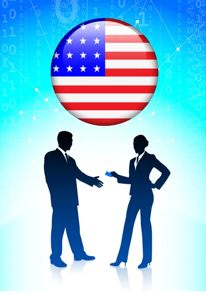 Businessman and Businesswoman greeting with American Button — Stock Vector