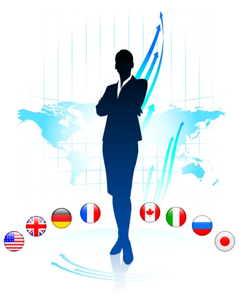 Businesswoman Leader on World Map with Flags — Stock Vector