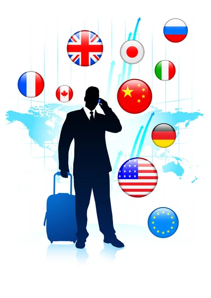 Businessman Traveler with Sworld map and Internet Flag Buttons — Stock Vector