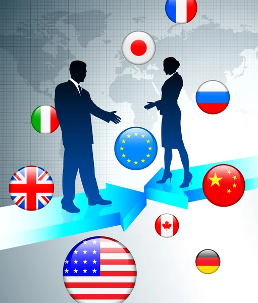 Ζευγάρι επιχειρήσεων σε παγκόσμιο χάρτη φόντο με τη σημαία butto του internet — Διανυσματικό Αρχείο