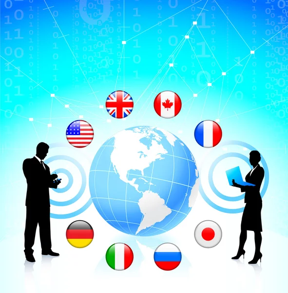 Business couple with globe and internet flag buttons — Stock Vector