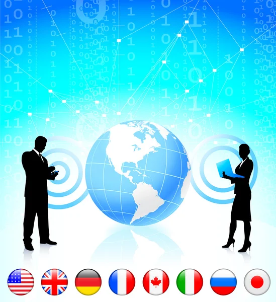 Business couple with globe and internet flag buttons — Stock Vector