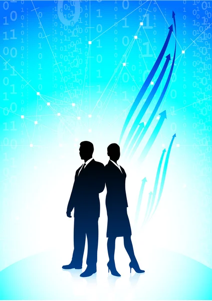 Homme d'affaires et femme d'affaires avec fond de code binaire — Image vectorielle