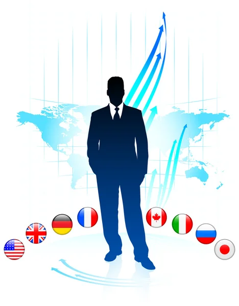 Leader uomo d'affari sulla mappa del mondo con bandiere — Vettoriale Stock