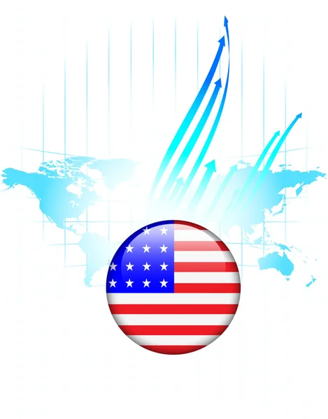Botão de bandeira dos Estados Unidos da América com mapa do mundo —  Vetores de Stock