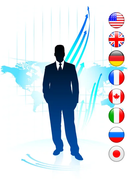 Geschäftsmann Führer auf Weltkarte mit Fahnen — Stockvektor