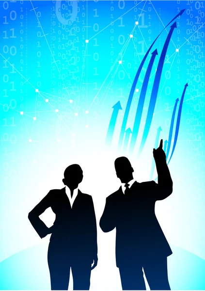 Homme d'affaires et femme d'affaires sur fond de code binaire ensemble — Image vectorielle