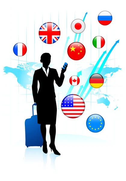 Businesswoman traveler with Internet Flag Buttons — Stock Vector