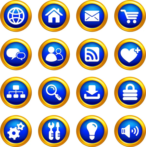 Ícone da Internet definido em botões com bordas douradas —  Vetores de Stock