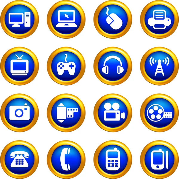 Tecnologia e ícones de comunicação em botões com borde dourada —  Vetores de Stock