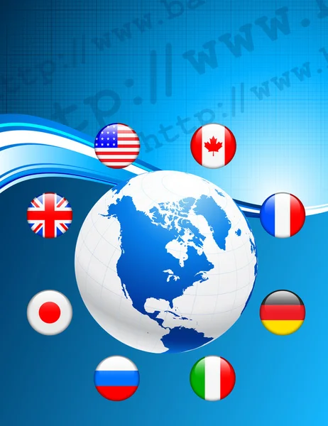 Globe avec boutons de drapeau Internet Arrière-plan — Image vectorielle