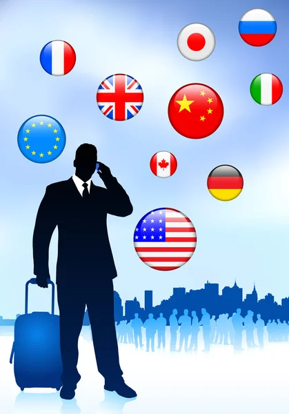 Businessman Traveler with Skyline and Internet Flag Buttons — Stock Vector