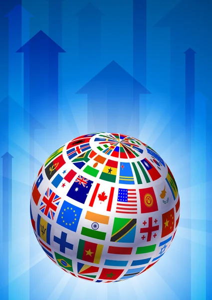Flaggen Globus auf blauem Pfeil Hintergrund — Stockvektor