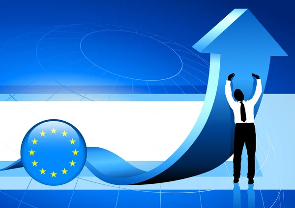 Geschäftsmann hält Pfeil mit europäischem Unions-Knopf — Stockvektor
