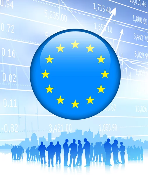 Business Team con Pulsante Internet Bandiera Unione Europea — Vettoriale Stock