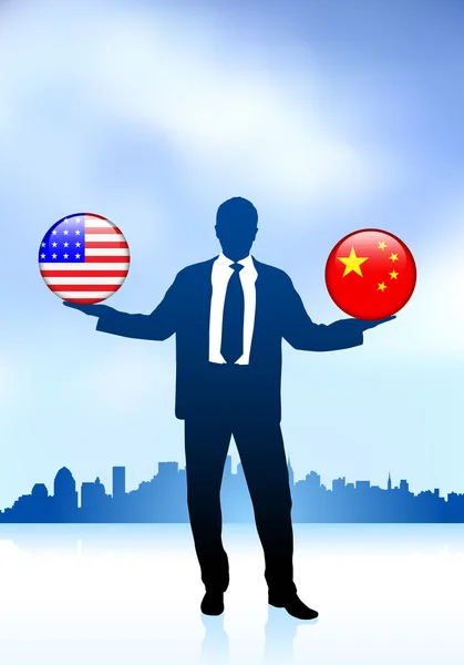 Businessman Holding Cina e Stati Uniti Internet Flag Button — Vettoriale Stock