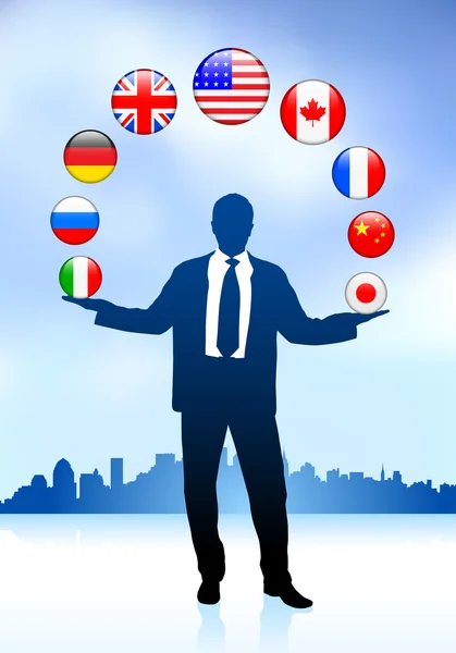 Businessman Leader with Skyline and internet Flag Buttons — Stock Vector