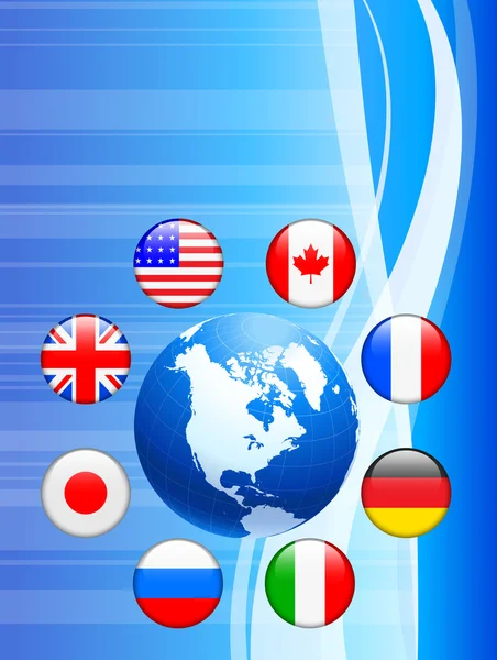 Globo con sfondo di pulsanti di bandiera Internet — Vettoriale Stock