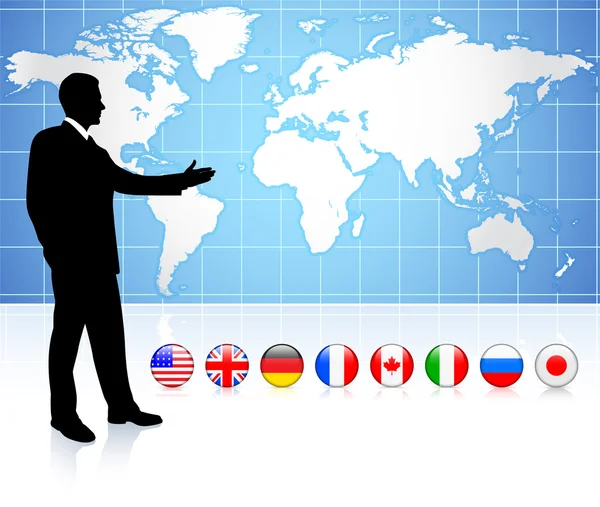世界地図を提示するインターネット旗ボタンを持つビジネスマン — ストックベクタ