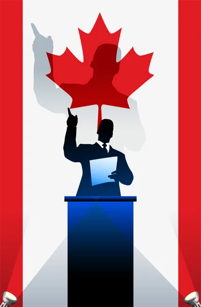 Bandiera canadese con oratore politico dietro un podio — Vettoriale Stock
