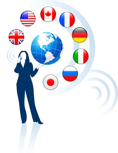 Zakenvrouw met globe en internet vlag knoppen — Stockvector