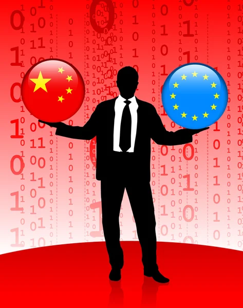 Επιχειρηματίας που κατέχουν Κίνας και Ευρωπαϊκής Ένωσης butto σημαία internet — Διανυσματικό Αρχείο