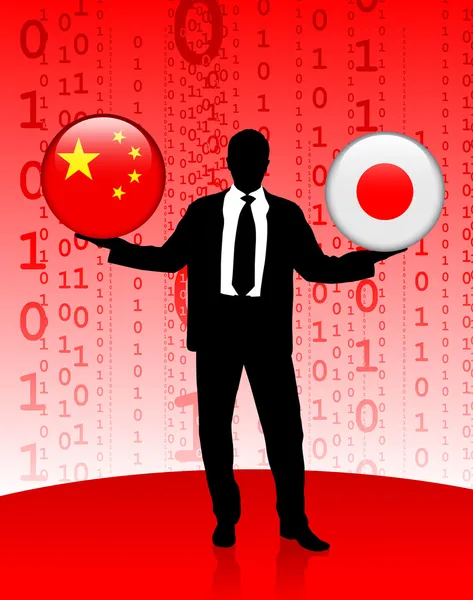 Podnikatel držení tlačítka příznak internet Čínu a Japonsko — Stockový vektor