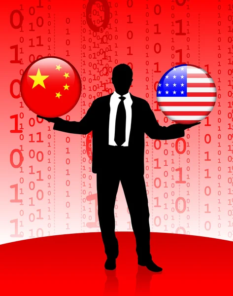 Biznesmen Chiny i Stany Zjednoczone internet przycisk flagę — Wektor stockowy