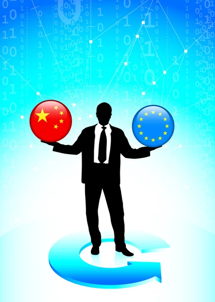 Podnikatel drží Čína a Evropa unie internet tlačítko příznak — Stockový vektor