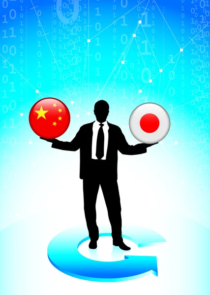 Homme d'affaires tenant des boutons de drapeau Internet de la Chine et du Japon — Image vectorielle