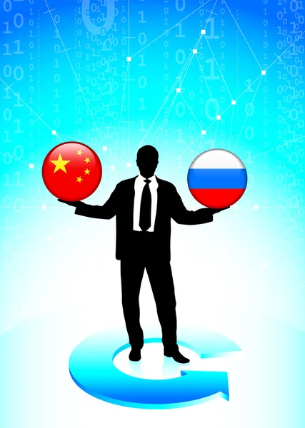 Бізнесмен проведення Китай і Росія Інтернет прапор кнопки — стоковий вектор