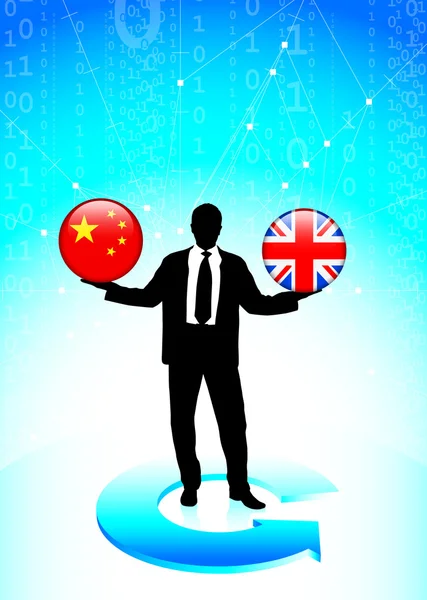 Businessman Holding china and British Internet Flag Buttons — Stock Vector