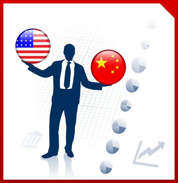 Бизнесмен Холдинг США и Китай Интернет-флаг Butto — стоковый вектор