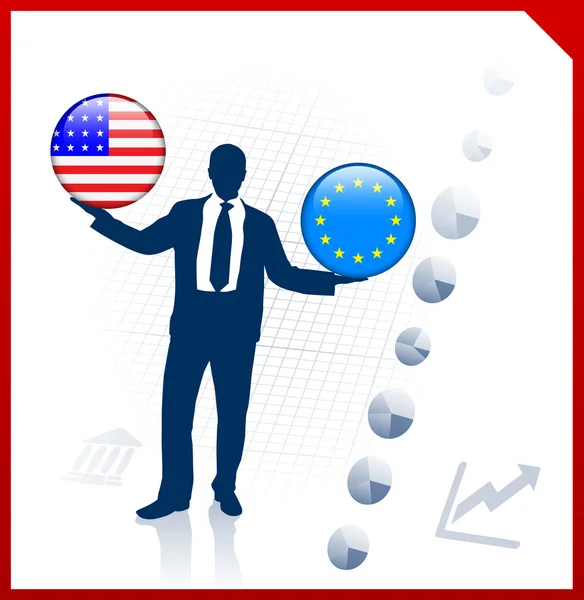 Επιχειρηματίας, κρατώντας τις Ηνωμένες Πολιτείες και η Ευρωπαϊκή Ένωση internet fl — 图库矢量图片
