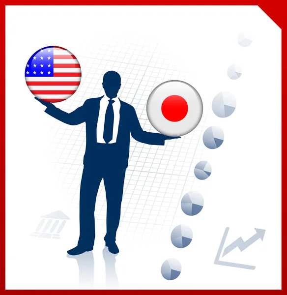 Επιχειρηματίας, κρατώντας τις Ηνωμένες Πολιτείες και την Ιαπωνία internet κουμπί "σημαία" — Διανυσματικό Αρχείο